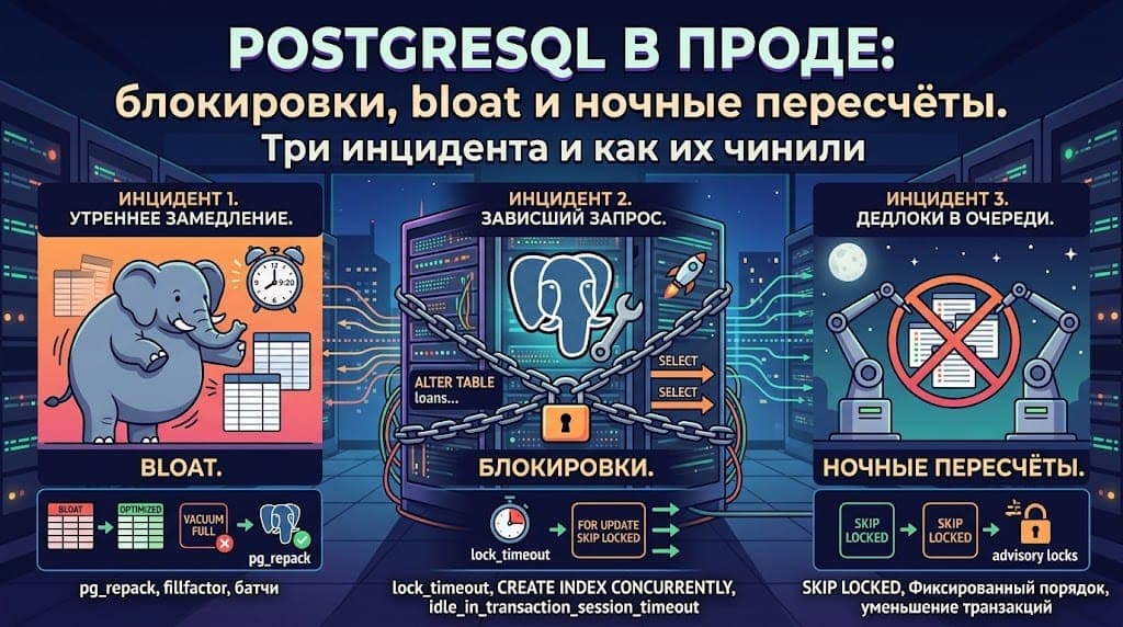 PostgreSQL в проде: блокировки, bloat и ночные пересчёты. Три инцидента и как их чинили