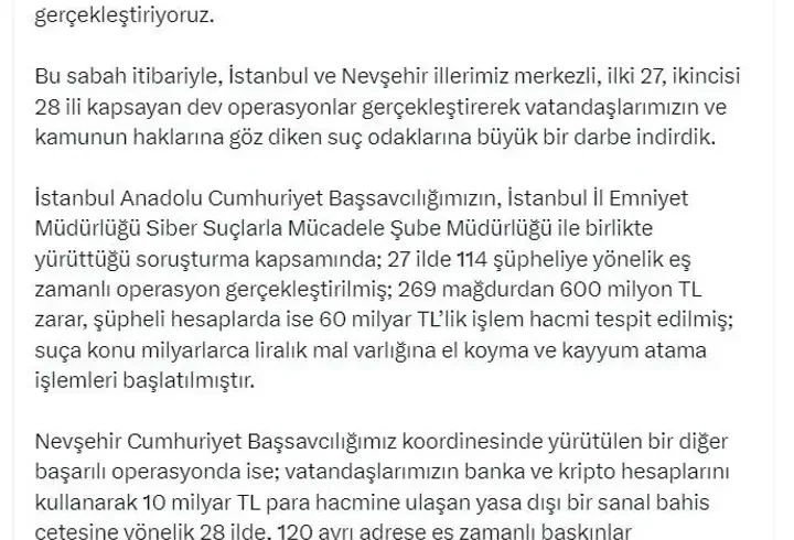 'Dolandırıcılık' ve 'yasa dışı bahis' soruşturmalarında 221 gözaltı kararı