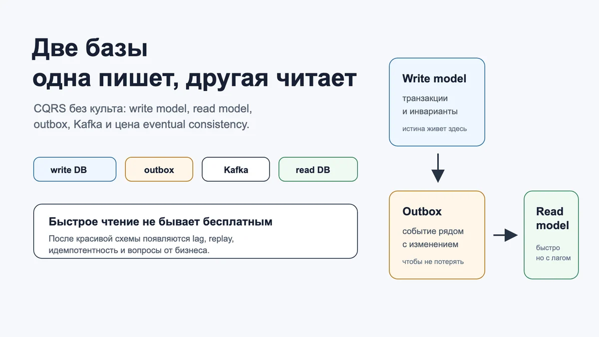 Две базы: одна пишет, другая читает. CQRS без культа и с последствиями
