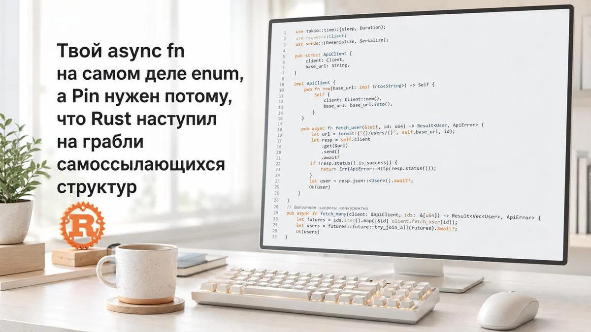 Твой async fn на самом деле enum, а Pin нужен потому, что Rust наступил на грабли самоссылающихся структур