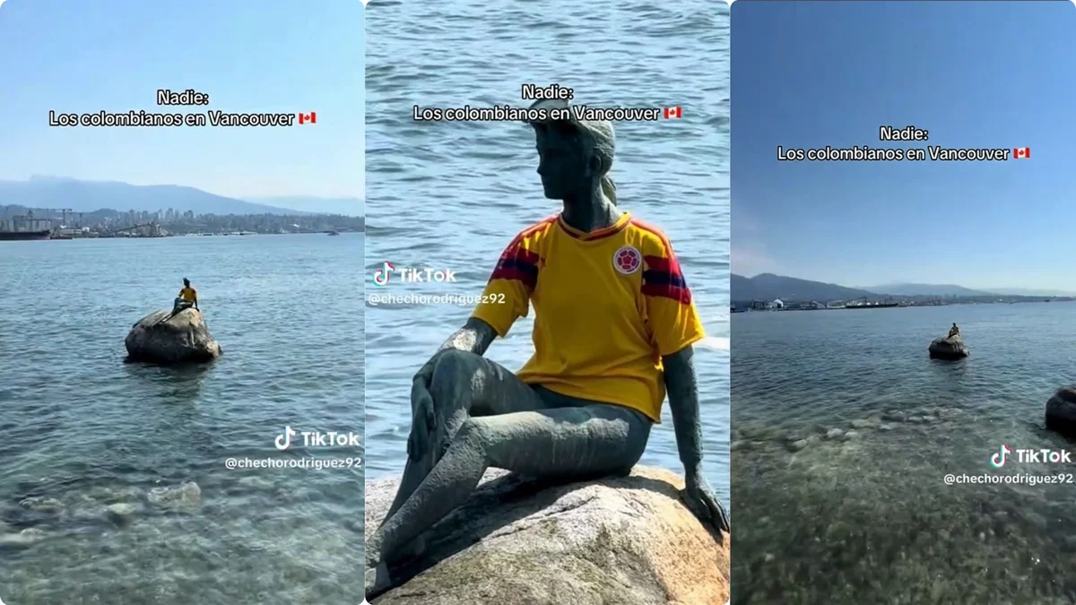 Hinchas de Colombia en Vancouver le pusieron la camiseta de la selección a la famosa estatua de la Chica en Traje de Neopreno: este es el motivo