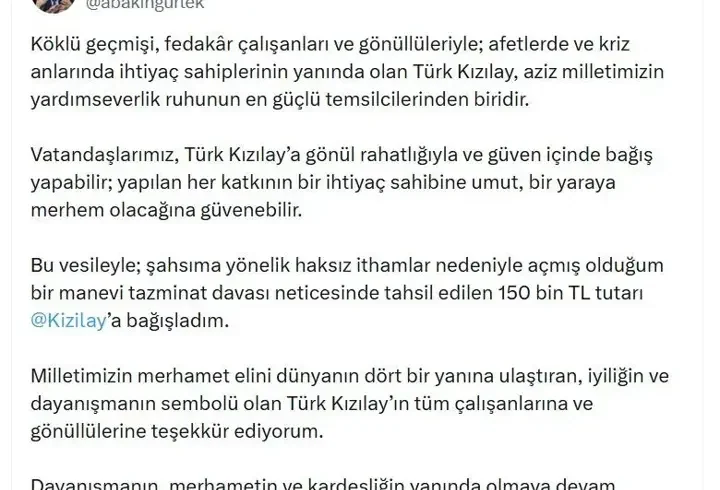 Bakan Gürlek, Türk Kızılay'a 150 bin lira bağışladı