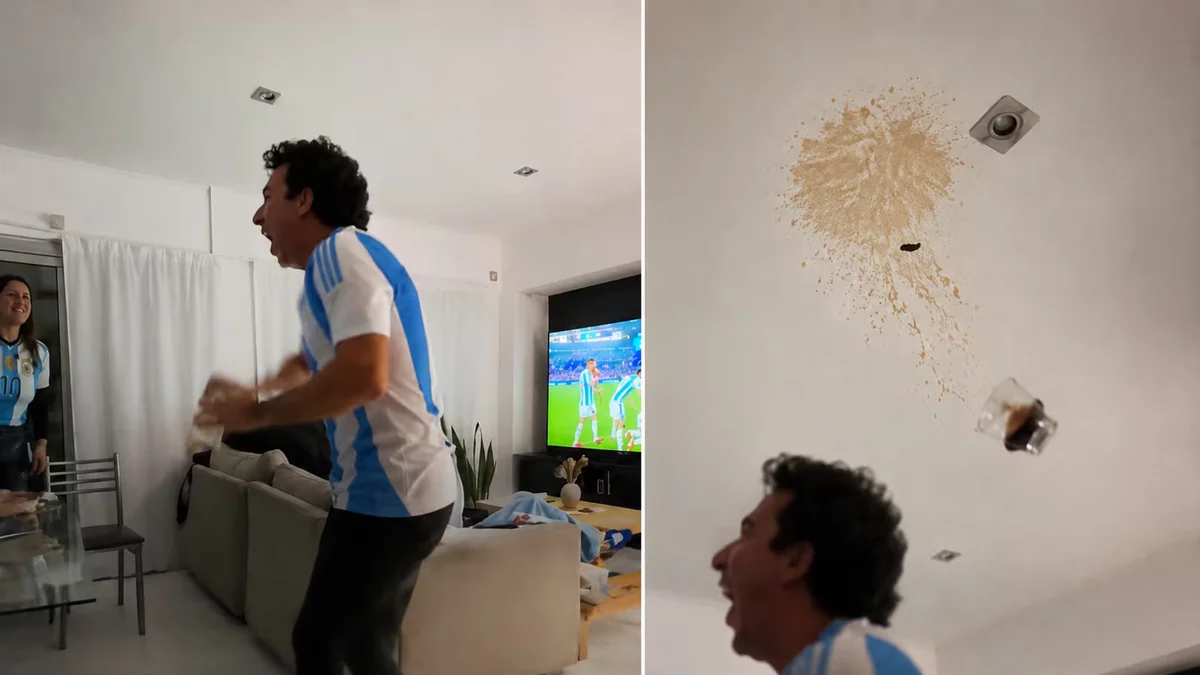 El eufórico festejo de un hincha argentino tras el segundo gol ante Cabo Verde que terminó con un vaso de fernet por el aire
