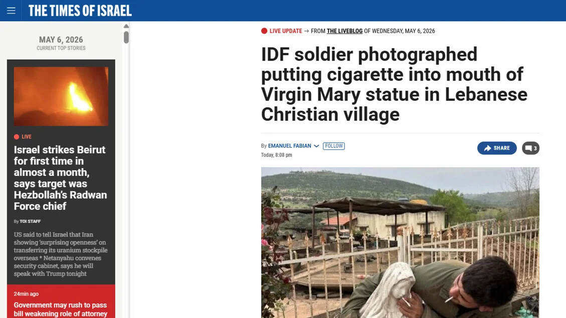 Nuova foto shock, soldato dell'Idf mette una sigaretta in bocca a una statua di Maria