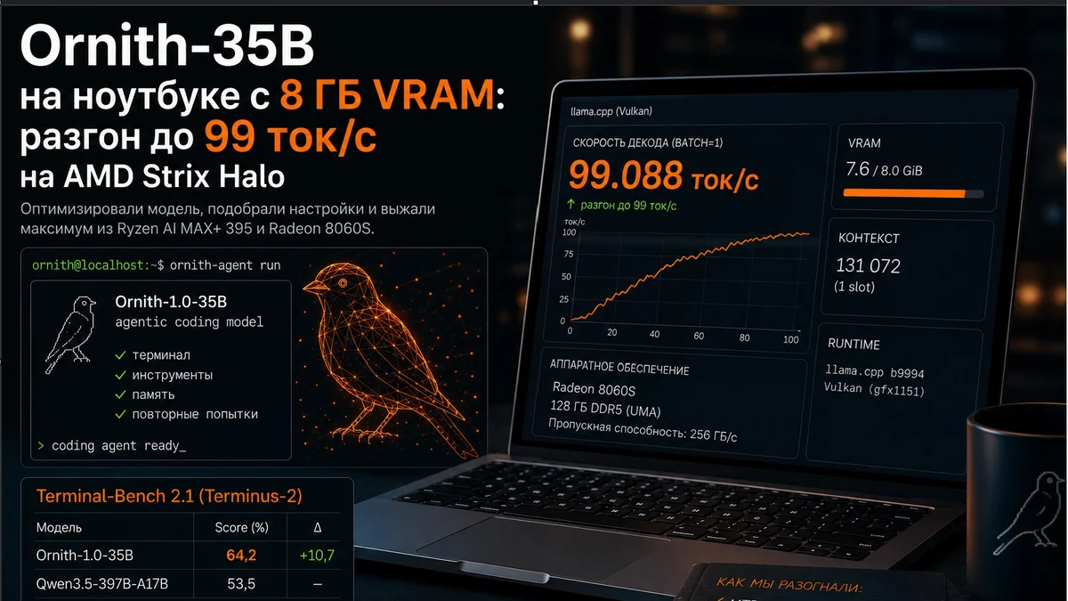 Как мы запустили Ornith‑35B на ноутбуке с 8 ГБ VRAM и разогнали её до 99 ток/с на AMD Strix Halo