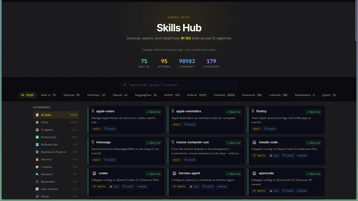 Hermes Skill Hub: большой каталог skills для AI-агентов, по которому уже видно, как меняется вся экосистема