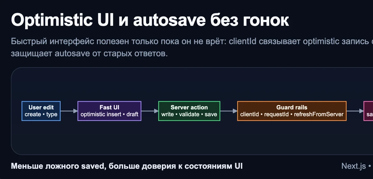 Optimistic UI и autosave в Next.js без гонок и ложного сохранено