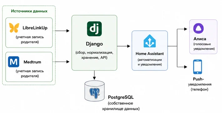 Интеграция CGM в Django: Libre, Medtrum, Home Assistant и собственное хранилище данных