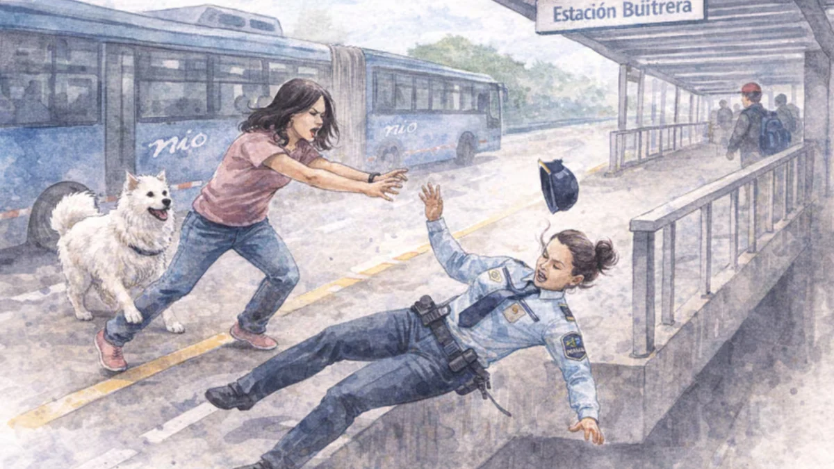 Pasajera empujó a una guarda de seguridad del sistema MIO en Cali hacia la vía, todo quedó en video