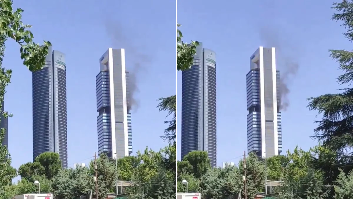 Una explosión y un incendio en una de las Cuatro Torres obliga al desalojo del edificio Moeve y deja una humareda negra en la Castellana: “Ha sonado muy fuerte”