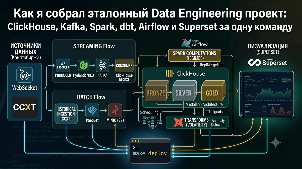 Как я собрал эталонный Data Engineering проект: ClickHouse, Kafka, Spark, dbt, Airflow и Superset за одну команду