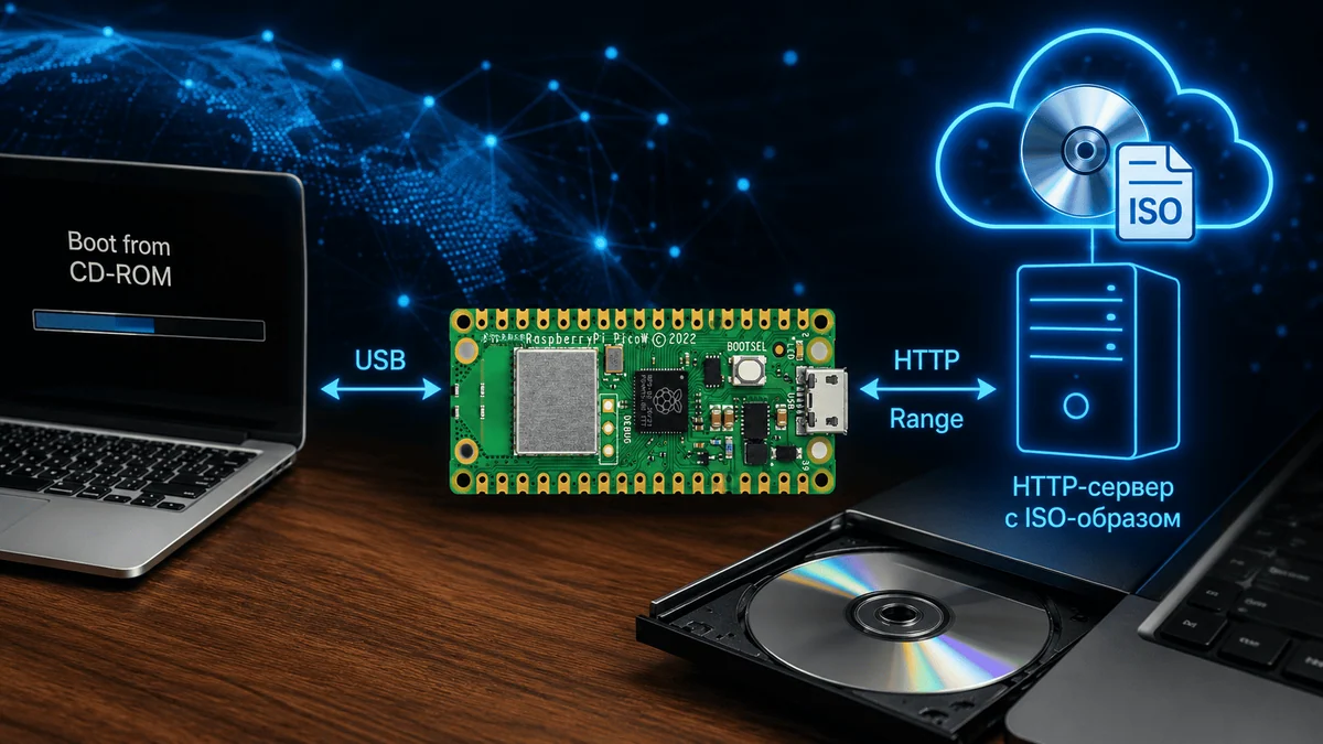 Эмулятор CD-ROM из Raspberry Pi Pico W, использующий образы из сети