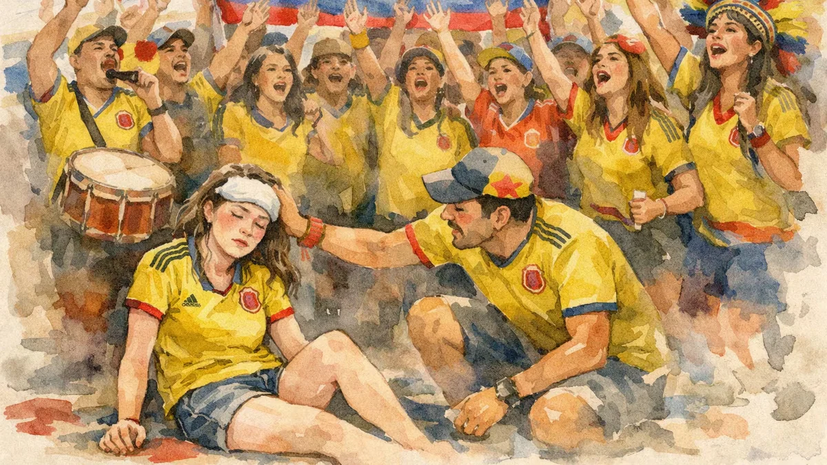 Mujer se desplomó en pleno banderazo para la selección Colombia y los hinchas la alentaron a levantarse con cantos: “Somos únicos”