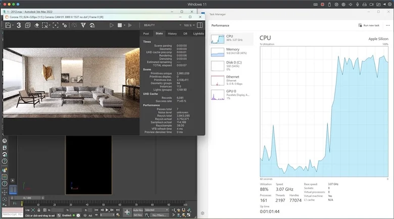 Запретный 3ds Max на Mac mini M4: 1 час 21 минута на интерьер