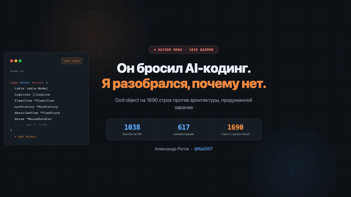 1038 баллов на Hacker News собрал пост про отказ от AI-кодинга. У меня была та же ночь, но другой вывод