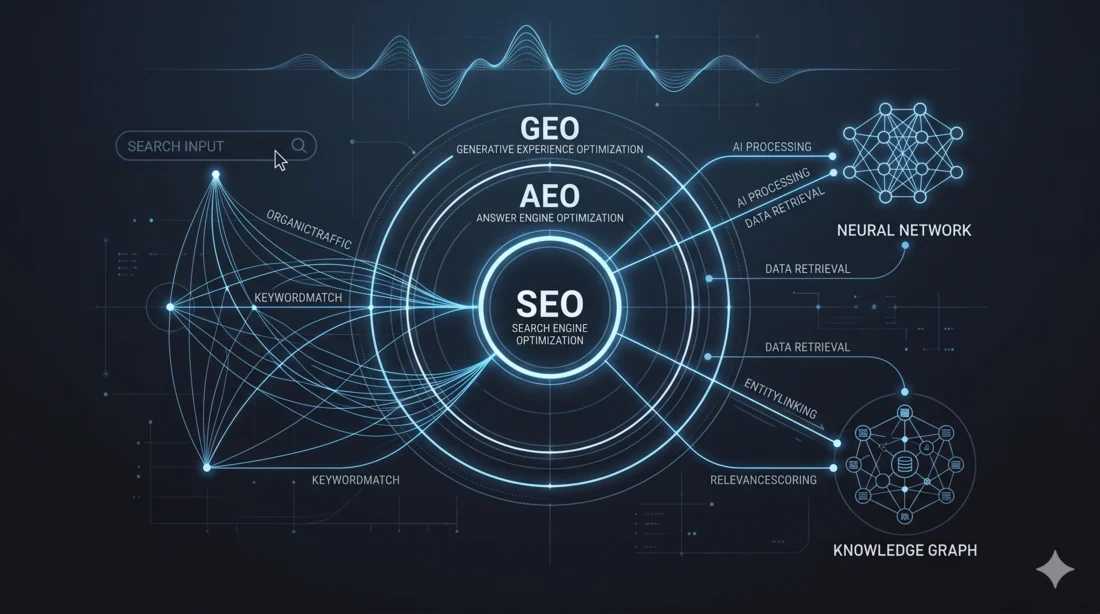 SEO, AEO и GEO в 2026 году. Как алгоритмы ИИ-поиска меняют трафик и как измерять долю ответов нейросетей