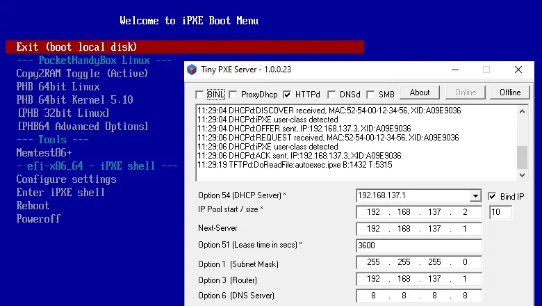 Загрузка PocketHandyBox Linux с помощью TinyPXE Server, iPXE и WinNFSd