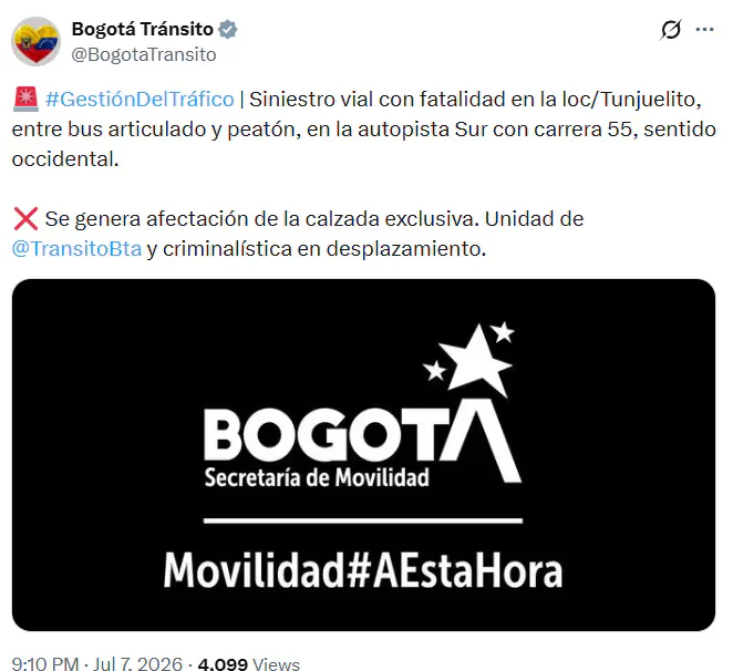 Una mujer murió en la estación Venecia de Transmilenio en Bogotá tras caer a la calzada exclusiva: al parecer intentó ingresar sin pagar