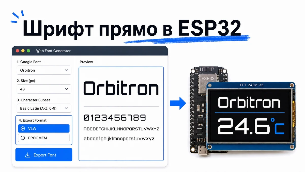 Как загрузить любой шрифт Google Fonts на дисплей ESP32 — без Processing и ручной конвертации