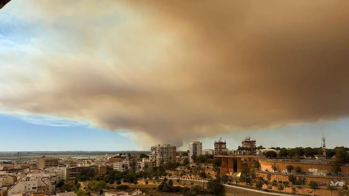 Un centenar de bomberos luchan contra un incendio que cubre de humo y cenizas el cielo de Huelva