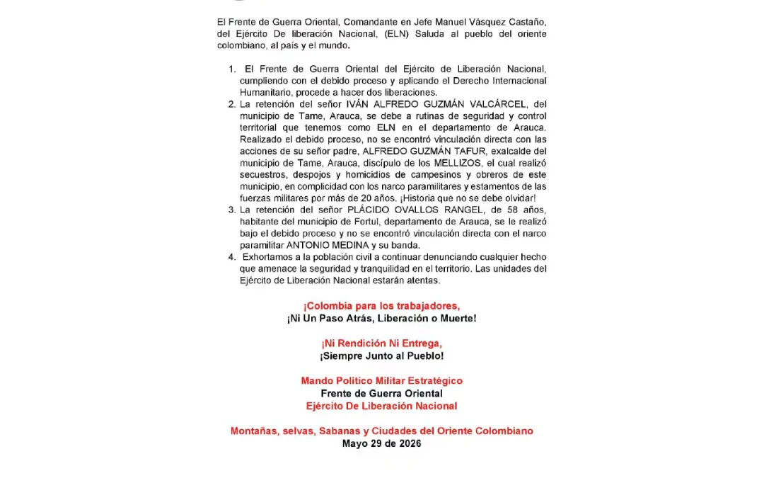ELN liberó a Alfredo Iván Guzmán, hijo del exalcalde de Tame: afirmó que no se comprobaron nexos con los actos de su padre